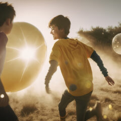 Kaksi poikaa juoksevat niityllä, taustalla keltaisia kuplia.