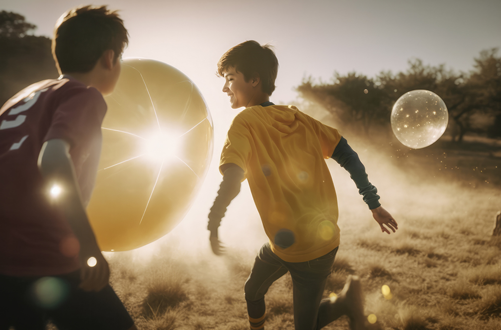 Kaksi poikaa juoksevat niityllä, taustalla keltaisia kuplia.