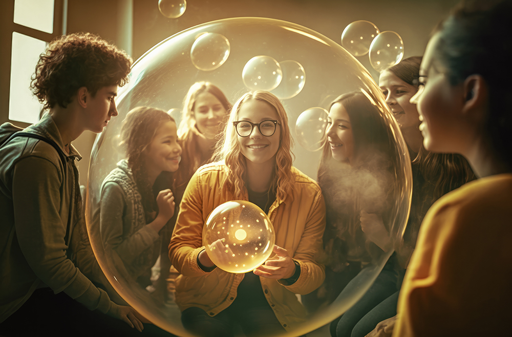 Hymyilevä oppilas kuplan sisällä pitelee kuplaa ympärillään muita oppilaita.