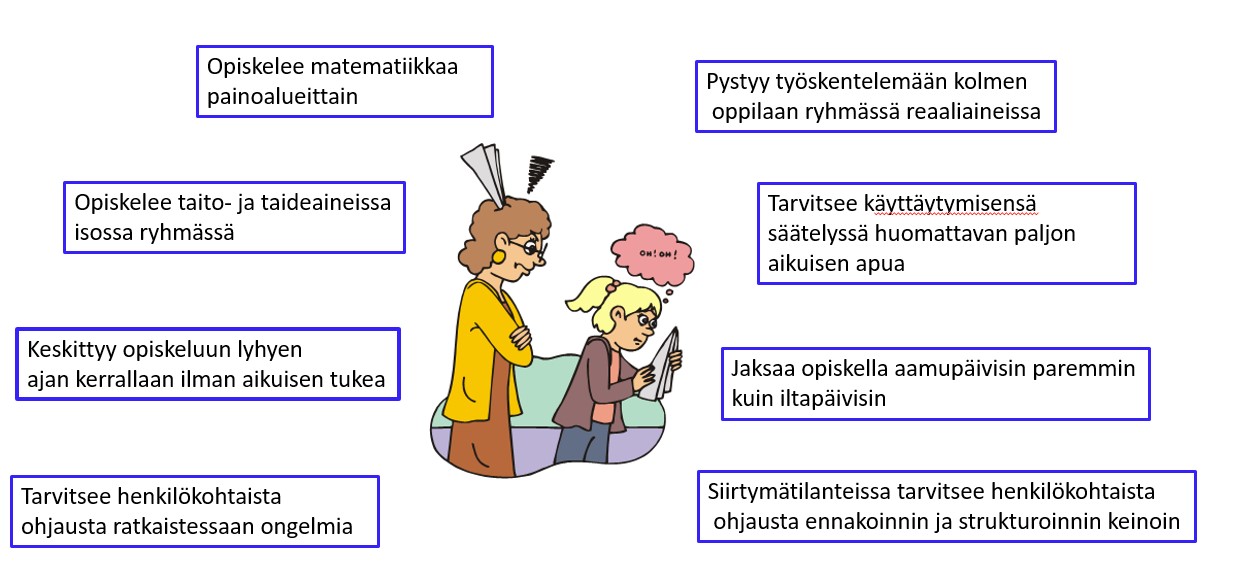 Kuvassa tuodaan esille esimerkkioppilaan  koulunkäyntiin vaikuttavia asioita: pystyy työskentelemään kolmen oppilaan ryhmässä reaaliaineissa, tarvitsee käyttäytymisensä säätelyssä huomattavan paljon aikuisen apua, jaksaa opiskella aamupäivisin paremmin kuin iltapäivisin, siirtymätilanteissa tarvitsee henkilökohtaista ohjausta ennakoinnin ja strukturoinnin keinoin, tarvitsee henkilökohtaista ohjausta ratkaistessaan ongelmia, keskittyy opiskeluun lyhyen ajan kerrallaan ilman aikuisen tukea, opiskelee taito- ja taideaineissa isossa ryhmässä, opiskelee matematiikkaa painoalueittain.