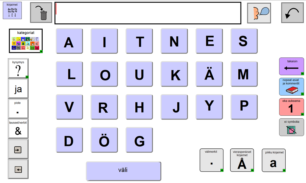 Kuvassa on kommunikointitauluston kirjaintaulu, jota puhumaton liikuntavammainen lapsi voi käyttää kirjoittamiseen ja kirjaimien osoittamiseen motoristen taitojen mukaisesti.