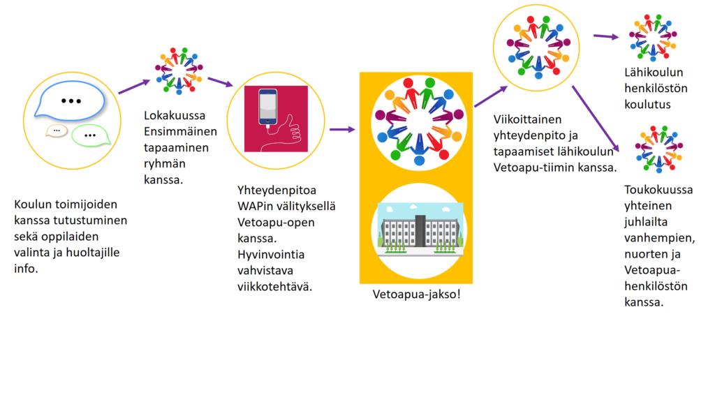 Kuvassa on graafi, joka ilmentää tekstissä käsiteltyä Vetoapua-intervention etenemistä.