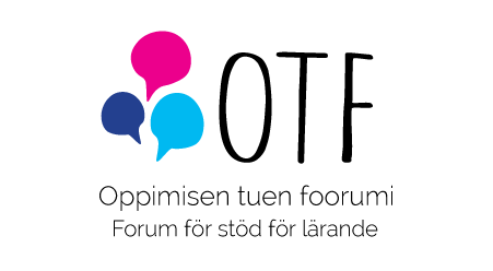 Oppimisen tuen foorumi -tapahtuman logo. Kuvassa vasemmalla kolme eriväristä puhekuplaa ja oikealla isoilla kirjaimilla OTF. Alla teksti Oppimisen tuen foorumi, Forum för stöd för lärande.