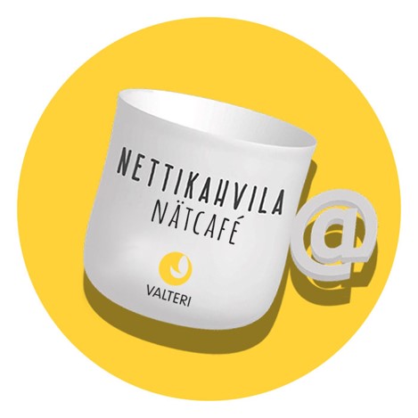 Nettikahvilakuppi keltaisella taustalla