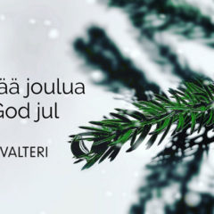 Joulutervehdys Valterista, jossa vihreä havunoksa ja teksti Hyvää joulua, God jul.