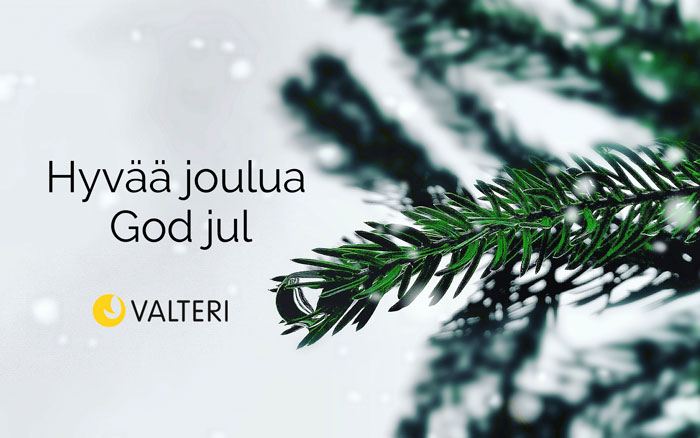Joulutervehdys Valterista, jossa vihreä havunoksa ja teksti Hyvää joulua, God jul.