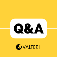 Q&A eli kysymyksiä ja vastauksia tekstinä, alla Valterin logo.