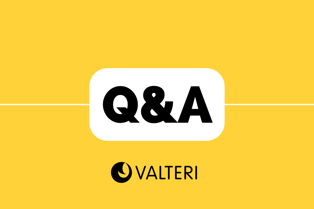 Q&A eli kysymyksiä ja vastauksia tekstinä, alla Valterin logo.