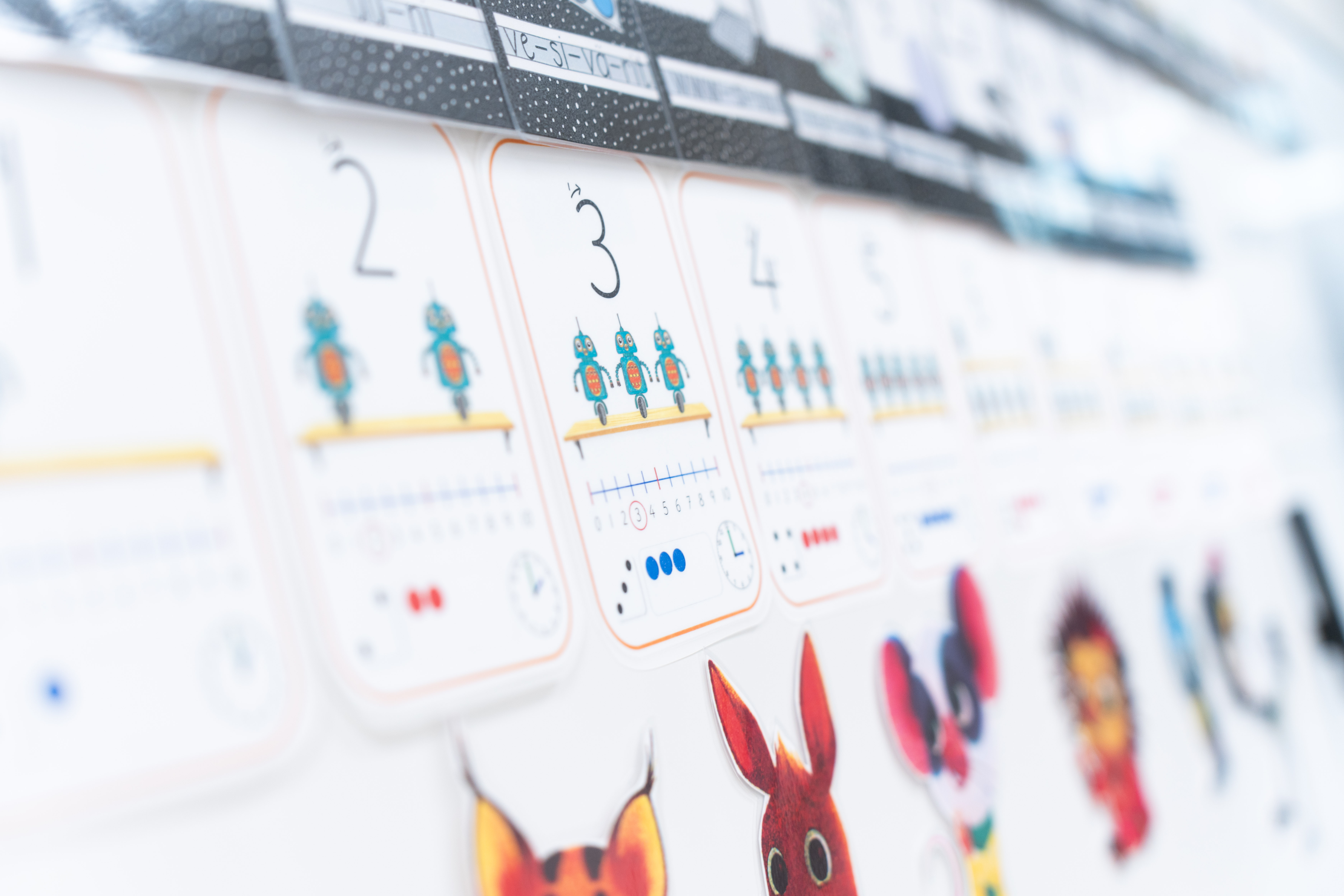 Koululuokan seinällä kuvattuna numeroita ja hahmoja laskemisen opetteluun.