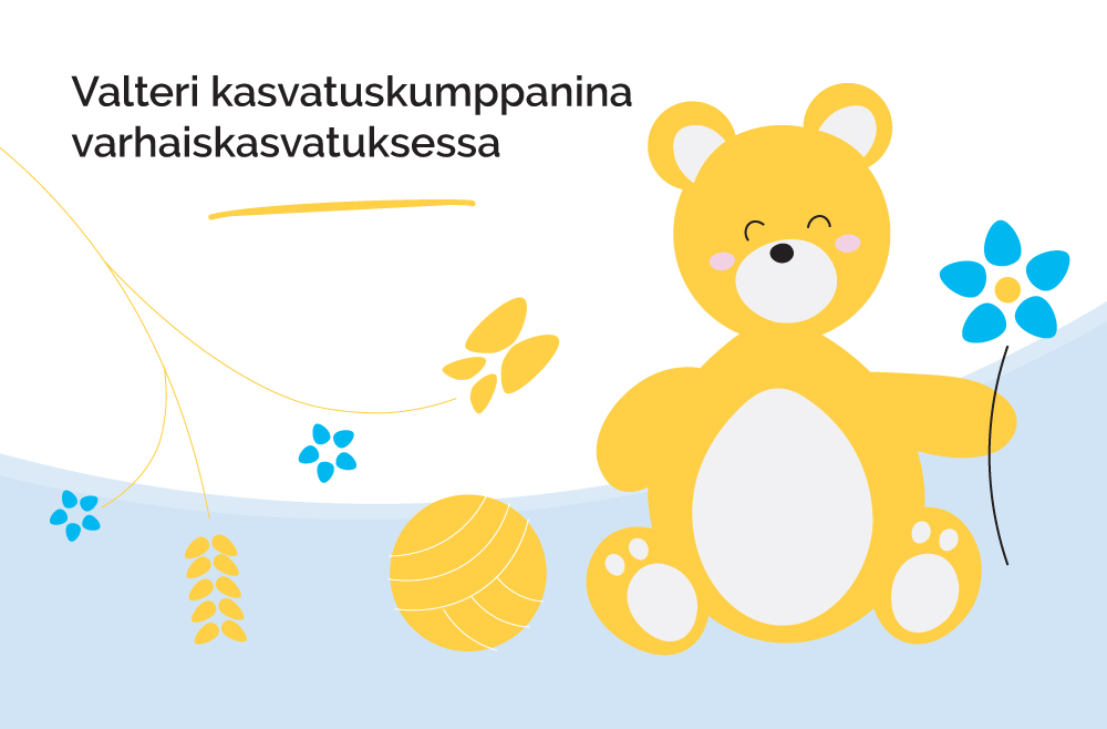 Kuvituskuva, jossa piirrosnalle, pallo ja kukkia.