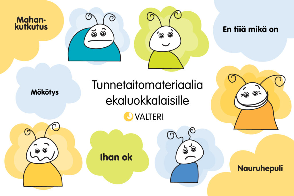 Erilaisia tunnetiloja kuvaavia piirroshahmoja, joiden keskellä teksti 