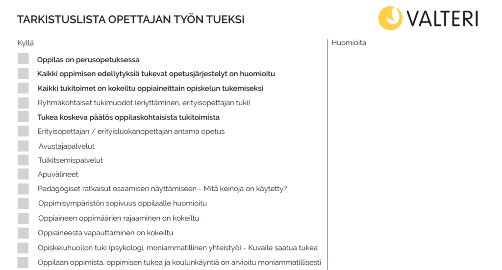 Kuvakaappaus toiminta-alueittain järjestettävän opetuksen tulostettavasta tarkistuslistasta.